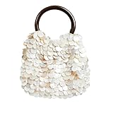 Miuco Shell Clutch Handbag Handmade Natural Seashell Purse with Wooden Handle Shell Beaded Bag for Women Beach Party Vacation