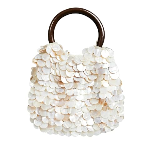 Miuco Shell Clutch Handbag Natural Seashell Purse with Wooden Handle