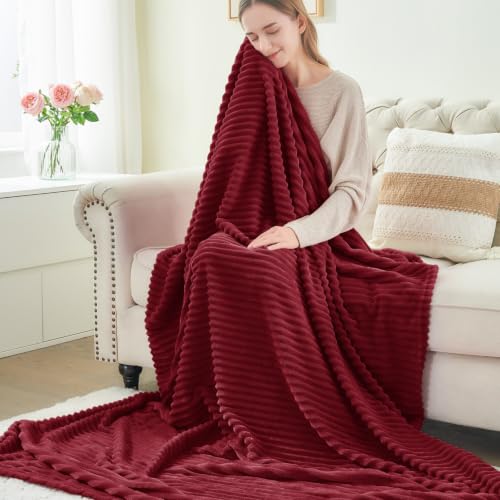 Image of BEDELITE 3D Ribbed Burgundy Fleece Throw Blanket for Couch, 50x70 Inch