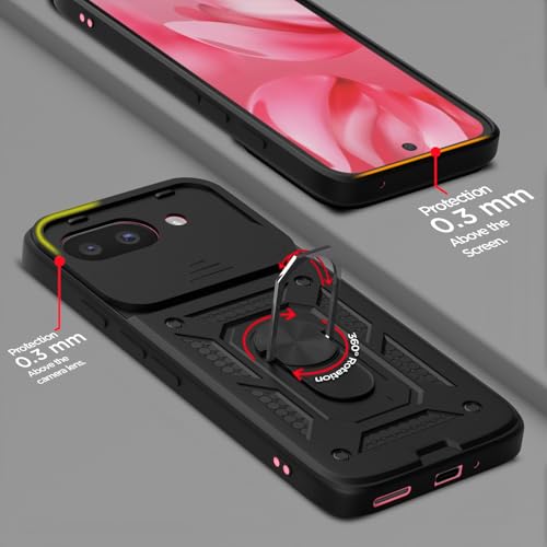 Image of Pikkme Back Cover for Google Pixel 9A | 360 Protection Case | Sliding Camera Shield Cover & Ring Holder Stand D10 Tough Armor Bumper Case (Black)