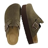 CUSHIONAIRE Loom Platform Clogs for Women, Stylish Vegan Suede Closed Toe Womens Clogs with Adjustable Buckle and Memory Foam Cork Footbed, OLIVE 8