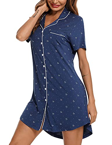 Image of Samring Pajama Nightgown for Women Short Sleeve Button Down Boyfriend Night Gown Nightdress Sleep Shirts