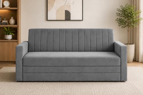 Image of 3-Seater Velvet Sofa Cum Bed with Armrests | Modern Convertible Sleeper Couch | Stylish Sofa Bed for Living Room, Bedroom & Office | Grey