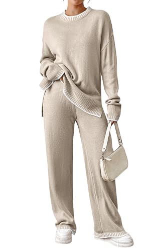 Angashion Womens 2 Piece Outfits - Sweater Sets Long Sleeve Knit Tops Wide Leg Pants Lounge Tracksuits Grey Almond Medium