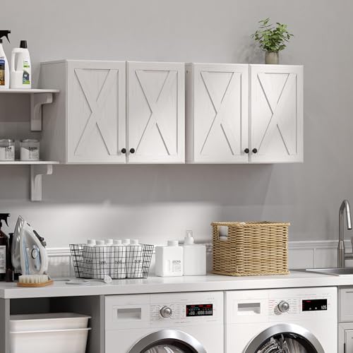Furnaza Wall Storage Cabinets - Farmhouse Kitchen Laundry Wall Mounted Cabinets with 4 Doors and Shelves, in White with Grain, 24'Wx2Pcs