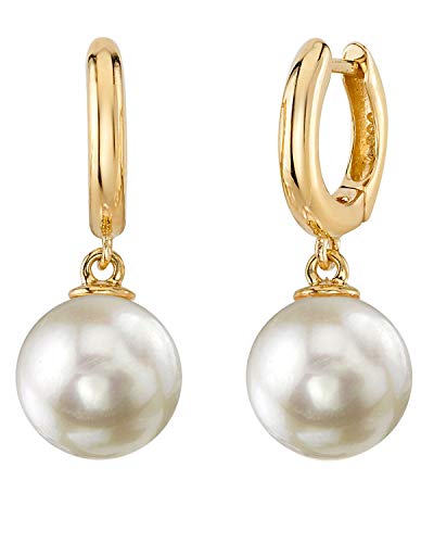 THE PEARL SOURCE 14K Gold 9.0-9.5mm Round Genuine White Japanese Akoya Cultured Pearl Mary Earrings for Women
