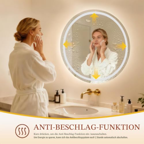 Clevich Runder Badspiegel mit Beleuchtung 60 cm, LED Wandspiegel – Ansicht 5