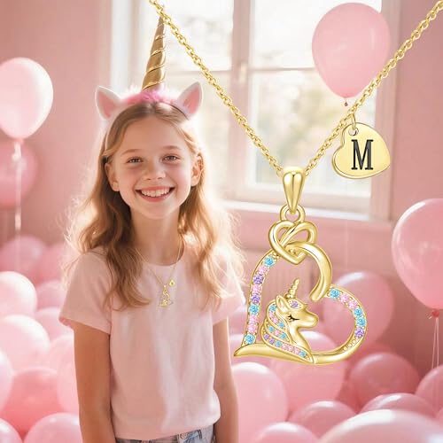 C-leen Unicorn Necklaces Gifts for Girls, 14K Gold Plated Colorful CZ Heart Initial Pendant Unicorn Necklaces for Girls Teens Jewelry Birthday Gifts3