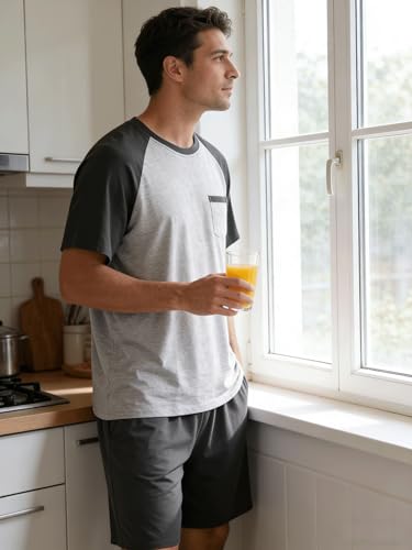 Image of Mens Pajamas Set Modal Soft Pajama Short Set Short Sleeve Pjs Sleepwear 2 Piece Lounge Set With Pockets S-3XL