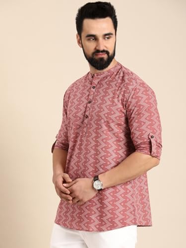 Image of Zombom Men's Cotton Polyester Blend Solid Regular Fit Full Sleeve Printed Short Kurta | Ethnic, Lightweight Summer Kurta for Daily & Occasion Use | Men's Trendy Short Kurta