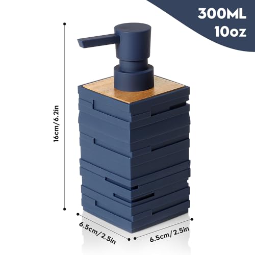 Image of YAUKPH Matte Blue Teak Wood Hand Soap Dispenser 10 oz Square for Bathroom and Kitchen Countertops