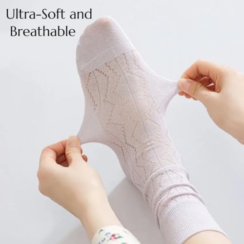Image of Opa! Women White Lace Ruffles Socks Cottagecore Floral Frilly Sock Thin Cotton Summer Crew Socks -Soft Breathable.