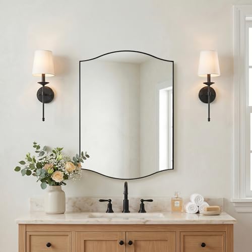 Image of ANDY STAR Black Bathroom Mirror, 22 inchx30 inch Scalloped Wall Mirror in Stainless Steel Metal Frame, Unique Vanity Mirror with Modern Curved Edge Design, Ideal for Bathroom, Bedroom, Entryway