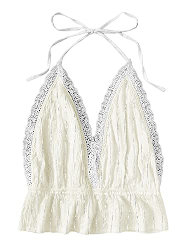 SweatyRocks Women's Deep V Neck Halter Crop Cami Top Sleeveless Vest Off White Large