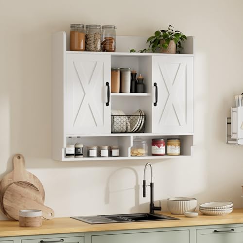 Image of FiveWillowise White Bathroom Wall Cabinet, Wall Mount Storage Cabinet, Floating Medicine Cabinet with 5 Open Shelves and 2 Deep Cabinets Over The Toilet for Laundry Room, Kitchen