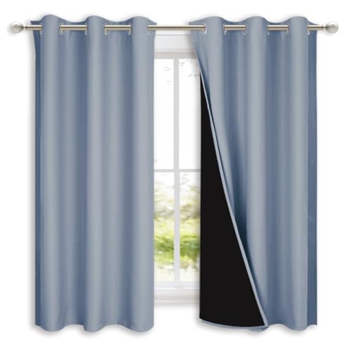 Image of NICETOWN 100% Blackout Short Curtains with Black Liners, 2 Panels, 37 inch W by 50 inch L, Vintage Blue, Solid Thermal Insulated Full Blackout 2-Layer Lined Drapes, Energy Efficiency Window Drapes for Bedroom