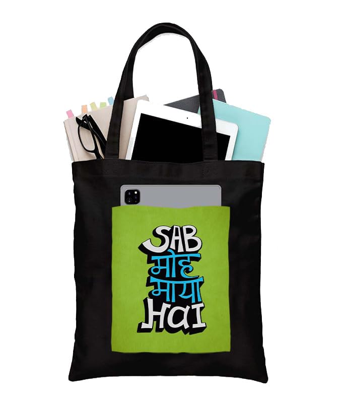 Image of Black Tote Bag With Pocket Printed Designed Canvas Tote Bags For Women large capacity,Tote bag For Shopping, College, Travel, More Canvas Handbag For Unisex Bag