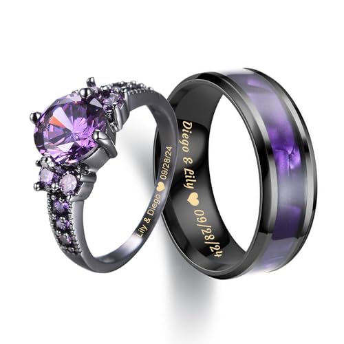 Custom Engraved Couples Promise Rings - Purple & Blue Titanium His & Hers Wedding Bands, CZ Engagement Ring for Her, Size 5-13