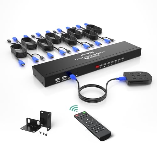 MT-VIKI 8 Port KVM Switch HDMI, 4K@30Hz 1U Rack Mount KVM Switch w/IR Remote & Wire-Desktop Controller & 8 HDMI KVM Cables & Rack Ears & Power Adapter