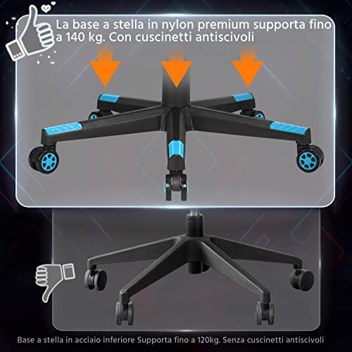 Sedia Gaming Ergonomica Lombare con Poggiapiedi Poltrona Gamer Schienale Alto Reclinabile 180° da Ufficio Girevole Imbottita in Ecopelle con Braccioli Regolabili Portata 140 kg Nera/Blu - Sedia gaming - Immagine 8