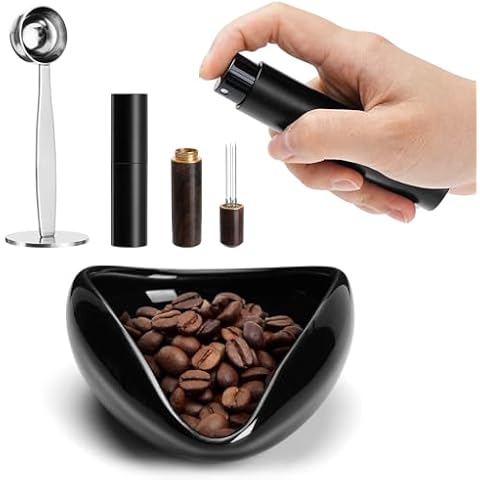 Coffee Bean Dosing Cup and Spray Bottle Kit Laelr Ceramic Weigh Coffee Bean Container Bottle Espresso Stirrer Tool Espresso Spoon with Tamper 4 PCS Single Dose Measuring Tray Kit Espresso Accessories Cover