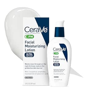 CeraVe PM Facial Moisturizing Lotion, Night Cream with Hyaluronic Acid and Niacinamide, Ultra-Lightweight Oil-Free Moisturizer for Face, 3 oz