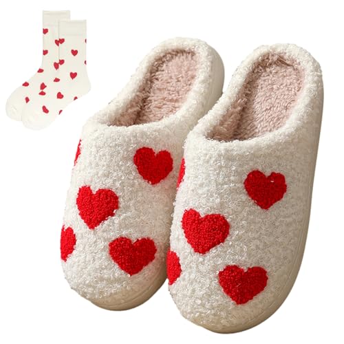 Heart Slippers for Women Men, Womens Love Heart Slippers with Socks, Valentines Slippers Gifts Indoor Outdoor House - Main Image