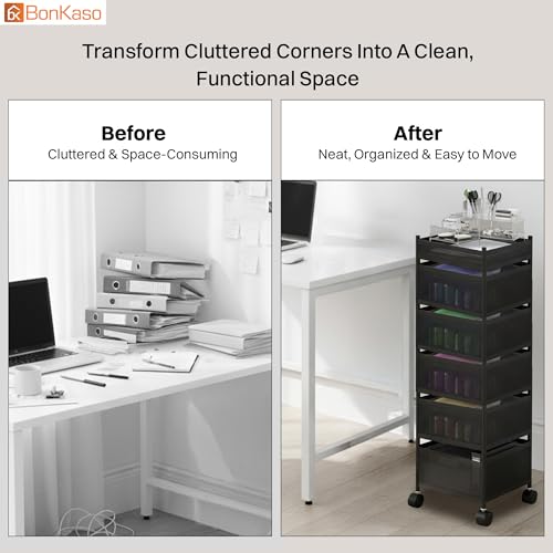 Image of BonKaso 6-Layer Square Multipurpose Kitchen Trolley with Swivel Storage Basket & 360 Rotating Wheels, Black Steel Frame, Easy Mobility, Space-Saving and Durable