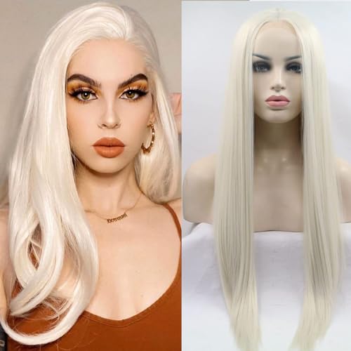 Xiweiya Long White Blonde Wig Platinum Blonde Silky Straight Synthetic Lace Front Wig Middle Part Natural Hairline Gluless Wig Heat Resistant Fiber Hair Replacement Wig 26 Inch for Women