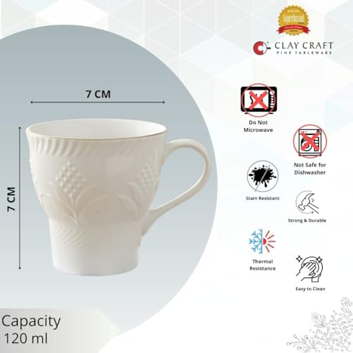 Image of Clay Craft Fine Ceramic Tea Cups Set of 6| 120 Ml Designer Cups with Elegant Texture & Gold Rim | Ideal for Tea Serving| Home| Guests & Gifting