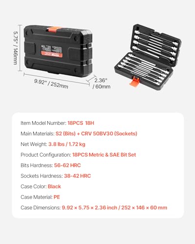 Image of VEVOR Extra Long Allen Hex Bit Socket Set, 18-Piece 3 /8 inch Drive, S2 Alloy Steel and Cr-V Steel, Standard SAE and Metric 1 /8-Inch-3 /8-Inch, 3-12mm, with Enhanced Storage Case, for Mechanics