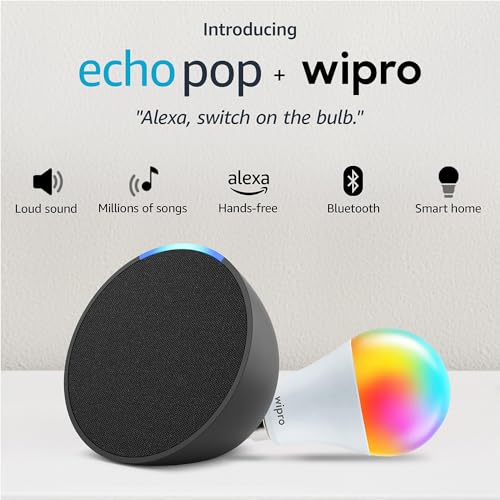 Image of Amazon Echo Pop (Black) Combo with Wipro 12W LED Smart Color Bulb