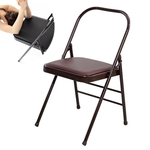 IMUNKT Silla Plegables De Yoga Pilates, Silla Auxiliar Yoga para Hogar, Silla De Yoga Iyengar Plegable, Silla De Yoga De Metal con Respaldo, Cuero PU De Calidad(Brown)