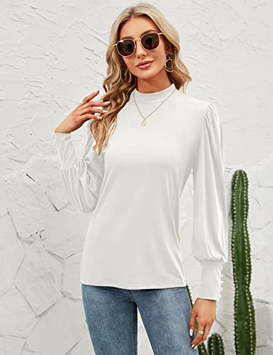 Qirno Ladies Long Sleeve Blouses Mock Neck Puff Sleeve Business Casual Tops Turtleneck Shirts Button Cuffs Tunic Tops Blouse White Large #TOP3