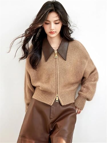 Women's Vintage Double Zipper Short Sweater Coat Loose Casual Knitted Cardigan Outwear Tops2