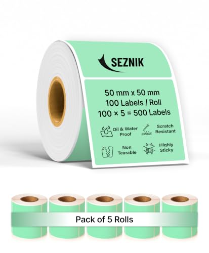 Image of SEZNIK Waterproof, Non-Tearable, Long Lasting Print, Sticky Thermal Lables, Label Roll, 2 inch Adhesive Thermal Labels for Label Printers (50mmx50mm) - 500 Lables, Pastel Green