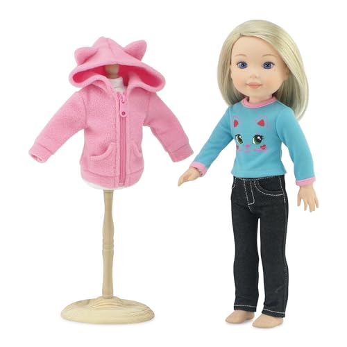 Emily Rose 14 Inch Doll Clothes Accessories | Beautiful 3 Piece Pink Fleece Coat Jacket (with Ears!) Outfit Gift Set Accessory, Including Easy Slip-on Stretch Jeans | Fits Most 14