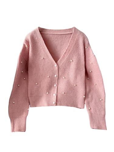 MakeMeChic Women's Pearl Beaded Button Down Cardigan Long Sleeve V Neck Fall Sweater Outerwear Pink Medium