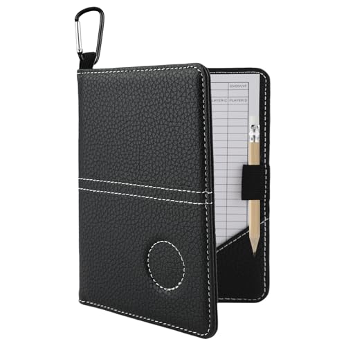 AHRLIC Leather Golf Scorecard Holder Set, Waterproof Golf Card Holder with Pencil and 2 Scorecards, Portable Foldable Design, Ideal Golf Scorecard Pocket Notebook for Men & Women, Black
