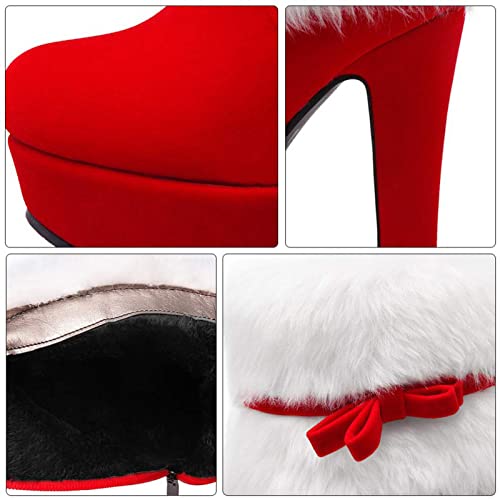 PURCHAWEE Women's Winter Fur Ankle Boots Christmas Boots,Bow Decor Side Zipper Fur Closure Chunky High Heel Santa Boots Snow Boots4