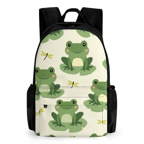 Unisex Cute Frog Animal Green Frogs Backpack, Elegant Large Capacity Backpack with Water Bottle Pocket, Adjustable Travel Shoulder Bag for Women Men