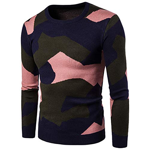 PRJN Jersey de punto para hombre, suéter de punto ajustado, suéter de punto para hombre, jersey de mezcla de lana de punto para hombre, 100% liso, cuello redondo, jersey de punto para hombre, B-rosa,