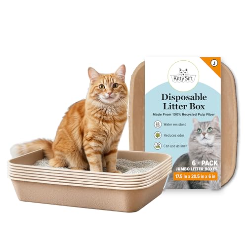 Kitty Sift Disposable Cat Litter Box Jumbo, 6 Count, Durable Portable for Travel and Home, Eco-Friendly Disposable Litter Box Controls Odor