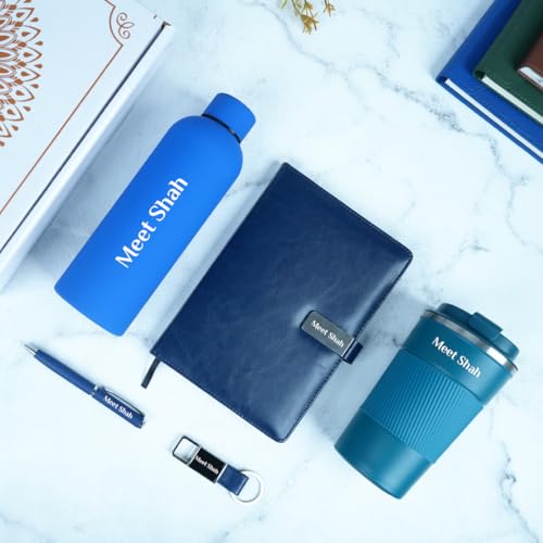 Image of Giftana Personalized Notebook Diary, Bottle, Coffee Tumbler 510ml, Keychain with Pen Gift Set, 5 in 1 Customized Gifting Items for Husband, Father, New Year Corporate Gifts for Employee (Blue)