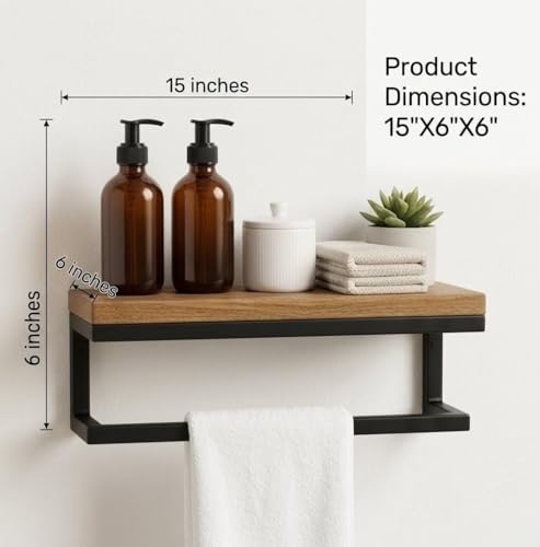 Image of Premium Wall-Mounted Floating Shelf with Integrated Towel Bar | Metal & Wood Bathroom Organizer | Multi-Purpose Storage Rack for Kitchen & Entryway | Matte Black & Natural 0ak Finish