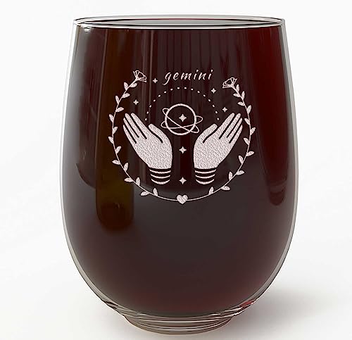 Gemini Zodiac 17oz Stemless Wine Glass – May 21 to June 20 – Astrology Gift for Women, Birthday Horoscope Decor, Etched Constellation Wine Glass, Unique Gemini Gift Idea