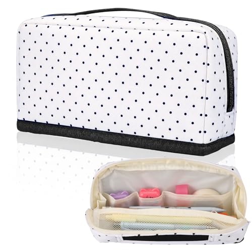 Gueevin Large Capacity Pencil Case Polka Dot Pencil Case Black and White Pen Pouch with Multiple Compartments Foldable Portable Stationery Organizer Makeup Bag for Adults(White)