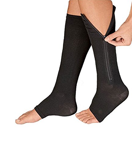 Runee Zipper Compression Sock Open Toe Knee Length Leg Calf Support (L/XL, Black)