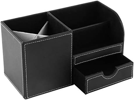 Organizador de escritorio de oficina de piel sintética, 6 compartimentos + cajón para tarjetas de presentación, lápices, teléfono móvil, caja de