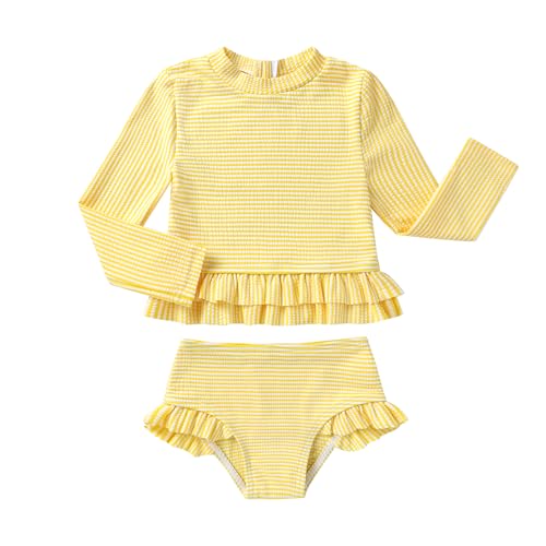 Happy Town - Baby Toddler Girls Swimsuits 2 Piece Long Sleeve Rash Guard with Sun Protection, Yellow, 4-5T - Best Deal on Amazon